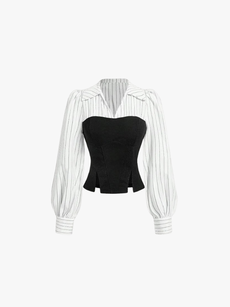 STRIPED SPLICED LAPEL SHIRT - SOMIHAE