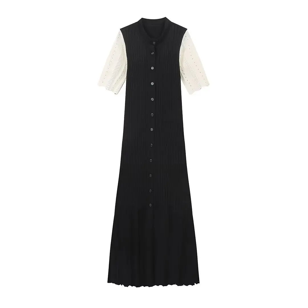 BLACK & BEIGE KNITTED PATCHWORK MIDI DRESS - SOMIHAE