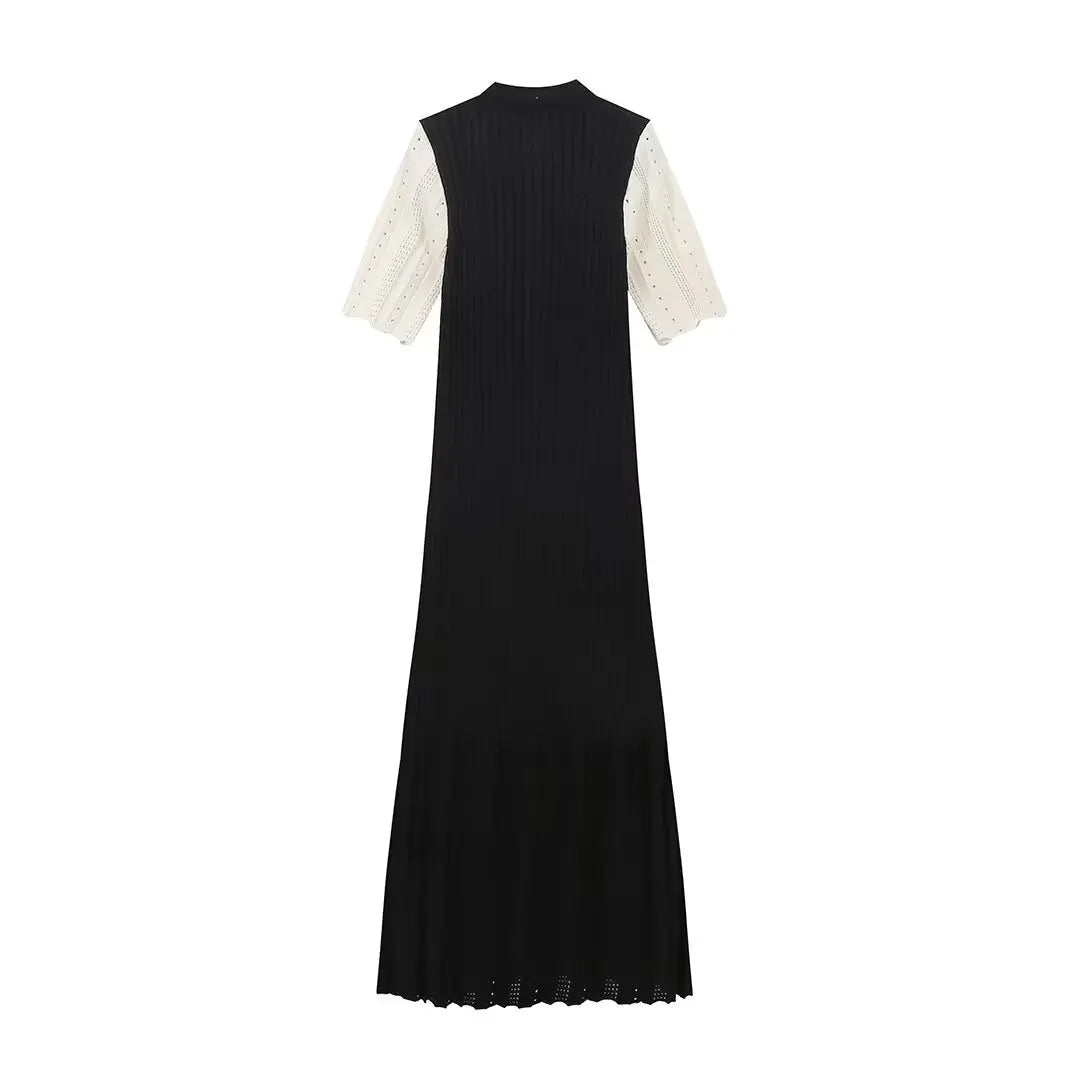 BLACK & BEIGE KNITTED PATCHWORK MIDI DRESS - SOMIHAE