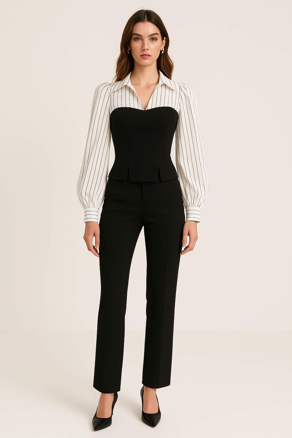 STRIPED SPLICED LAPEL SHIRT - SOMIHAE