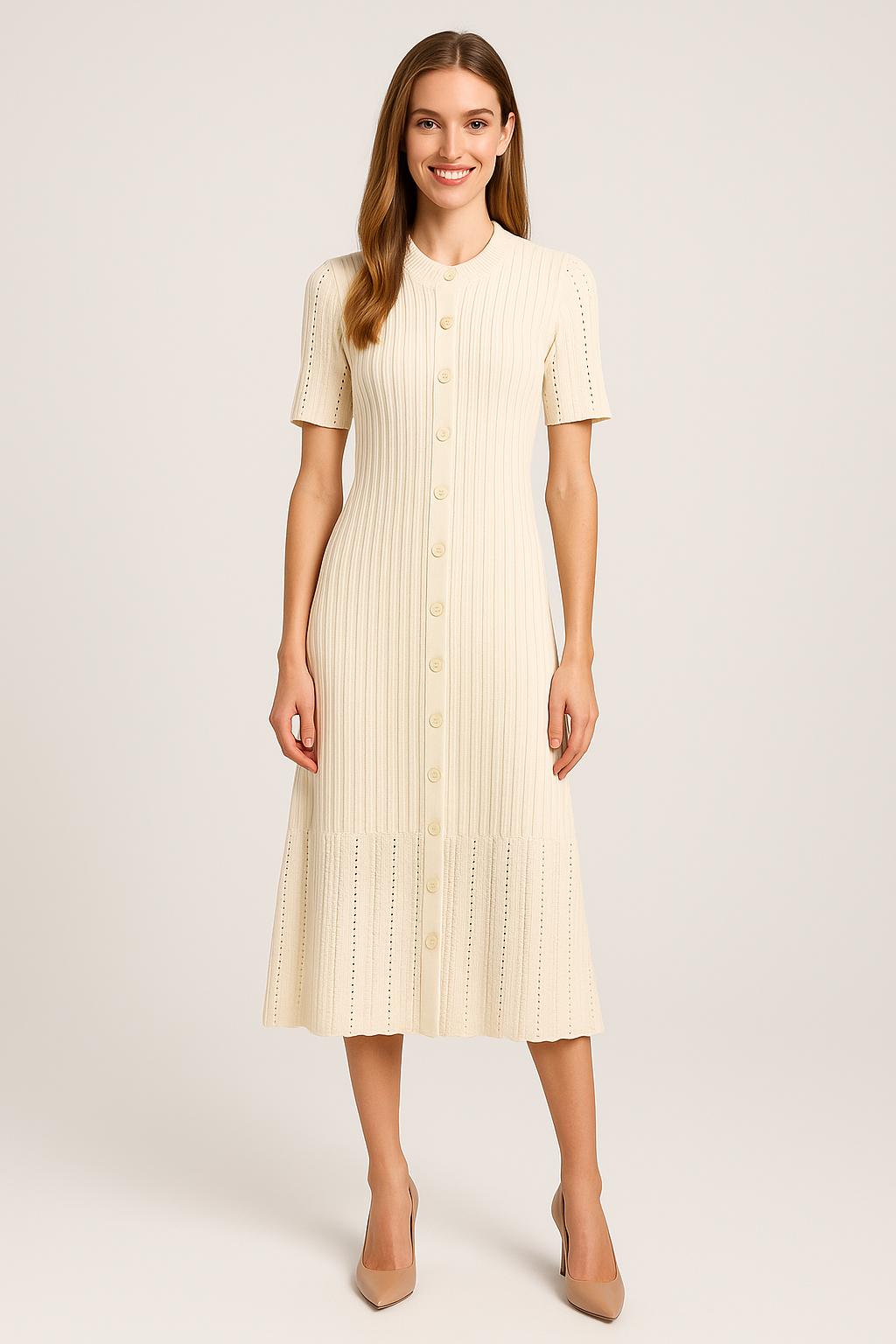 BEIGE KNITTED PATCHWORK MIDI DRESS - SOMIHAE
