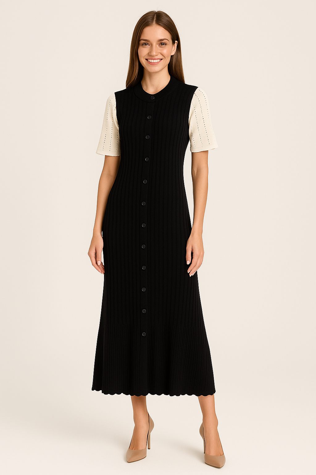 BLACK & BEIGE KNITTED PATCHWORK MIDI DRESS - SOMIHAE