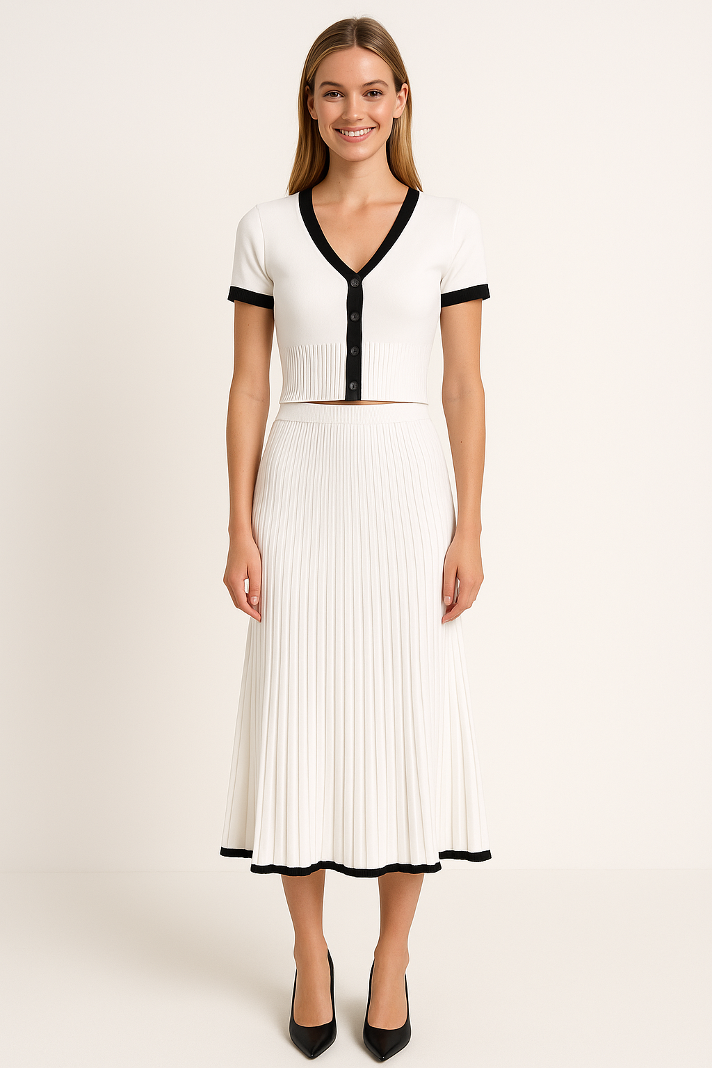 V-NECK TRIM SWEATER SKIRT SET - SOMIHAE