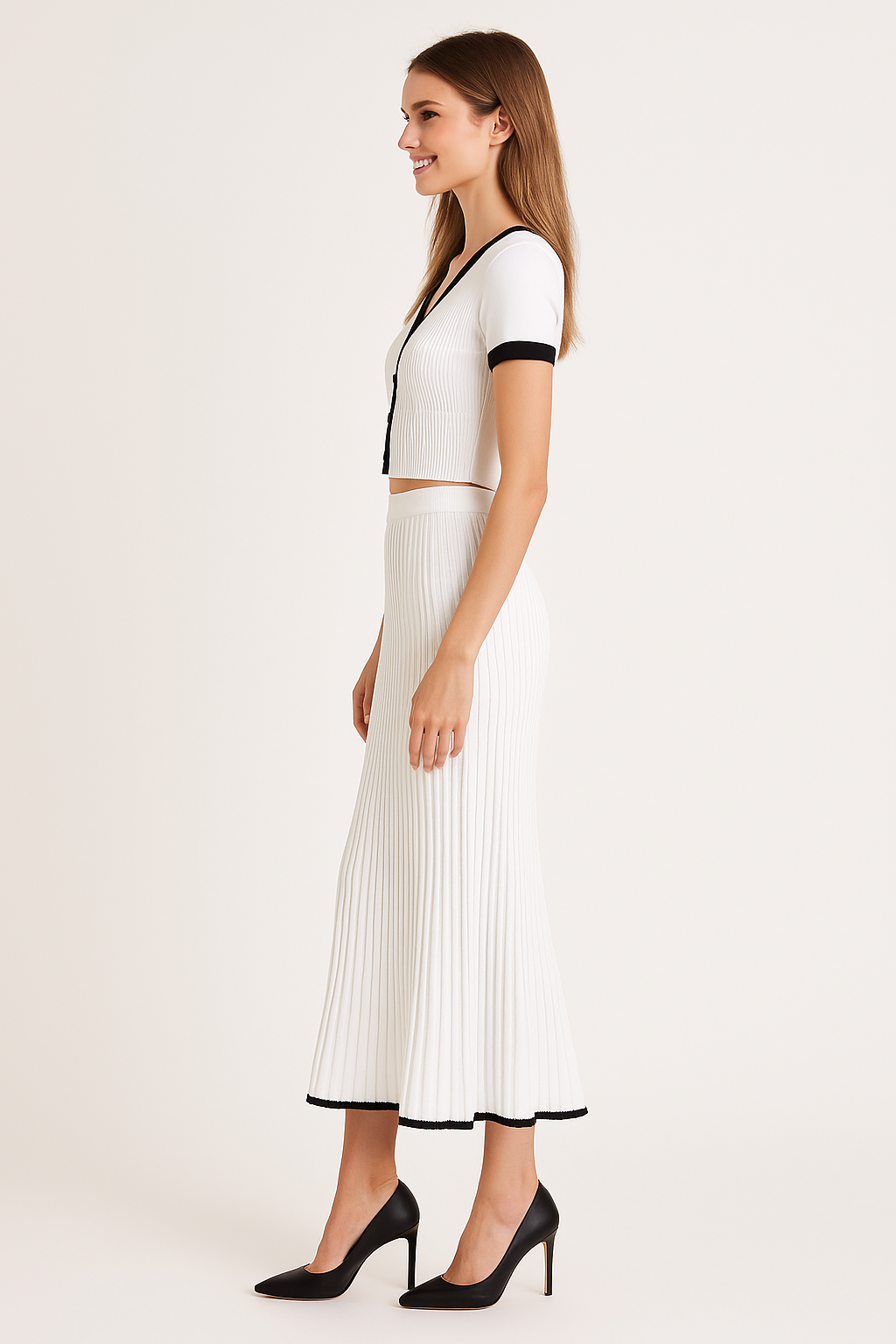 V-NECK TRIM SWEATER SKIRT SET - SOMIHAE
