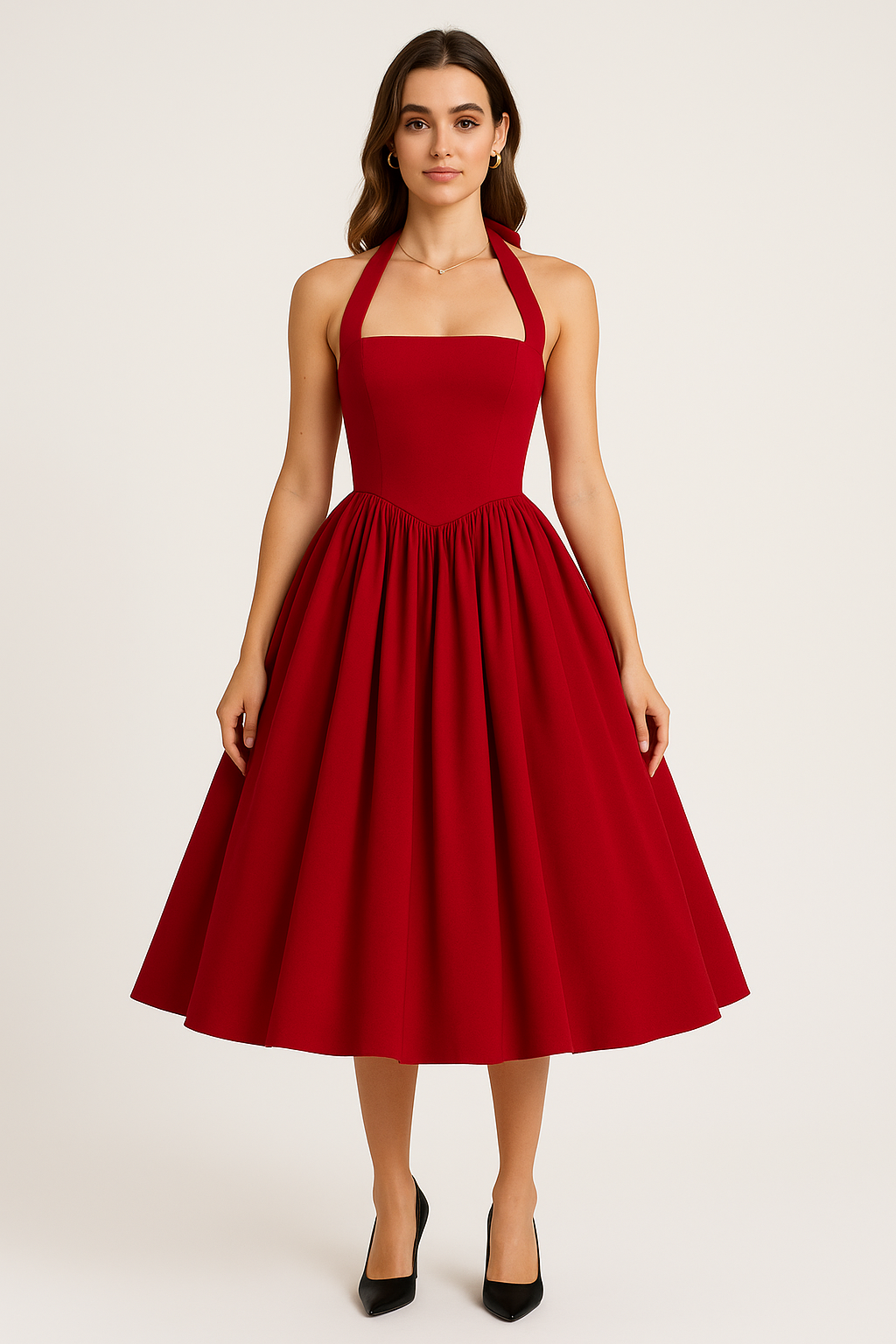 SOLID PLEATED A-LINE HALTER DRESS - SOMIHAE