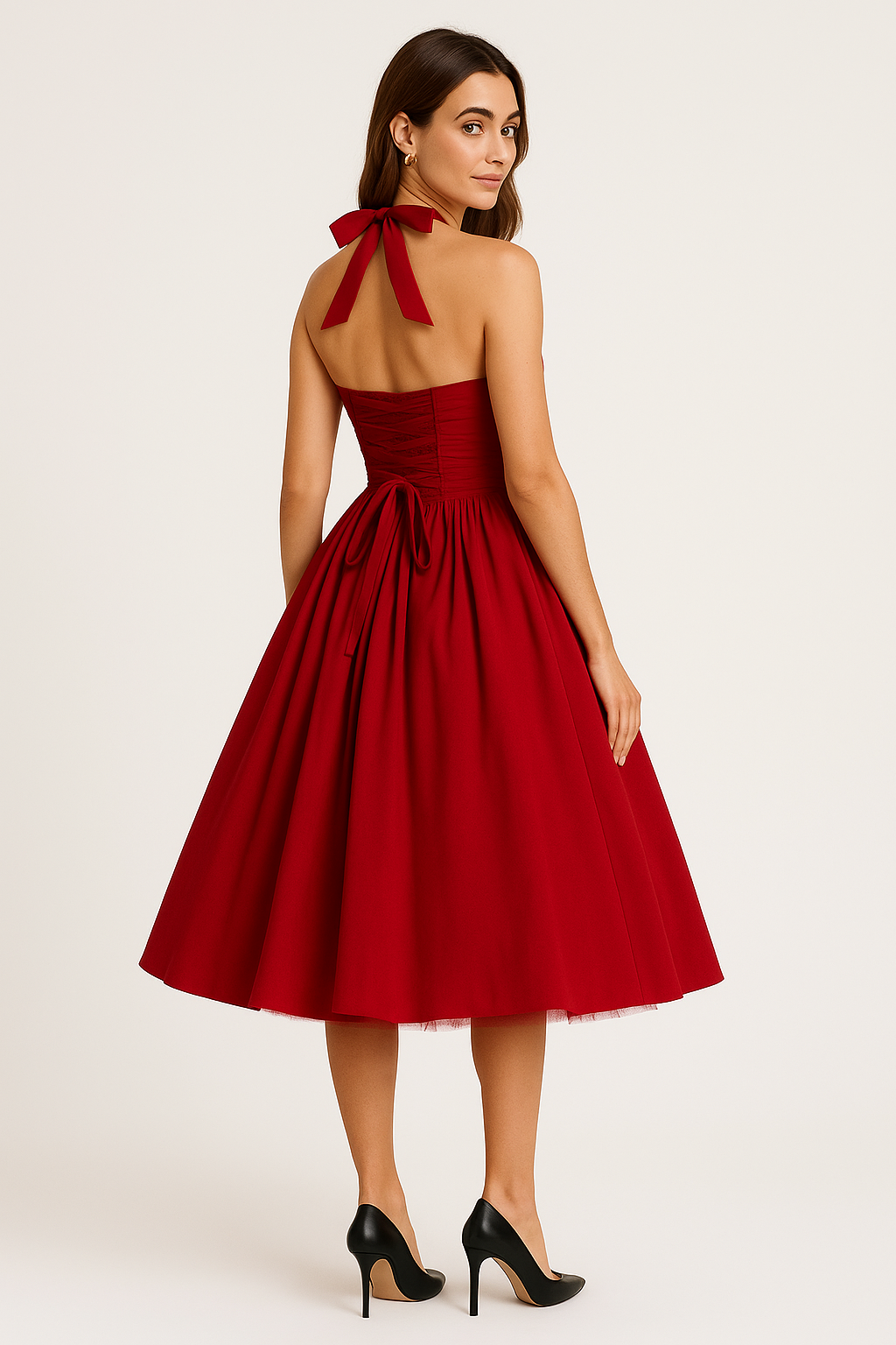 SOLID PLEATED A-LINE HALTER DRESS - SOMIHAE