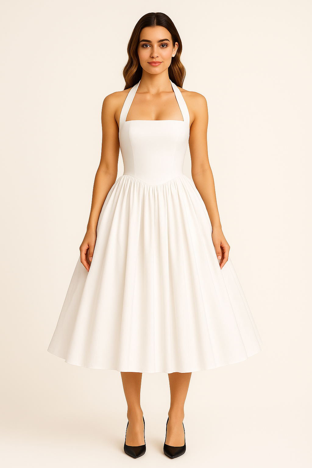 SOLID PLEATED A-LINE HALTER DRESS - SOMIHAE